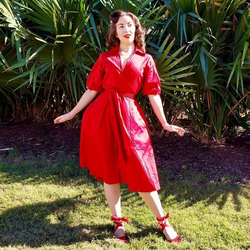Kenneth Cole Reaction Vibrant Ruby Red Mock Wrap Retro Style Date Dress Size 4